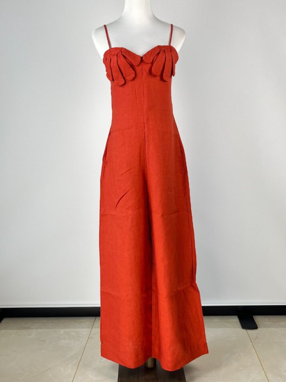 NWT Farm Rio Red 3D Petals Bodice Euroflax Premium Linen Jumpsuit XXS Wide-Leg - Picture 2 of 10